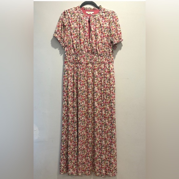 Boden Ruched strech Jersey Pink Floral Maxi Dress women short sleeve plus 14R - Picture 9 of 13